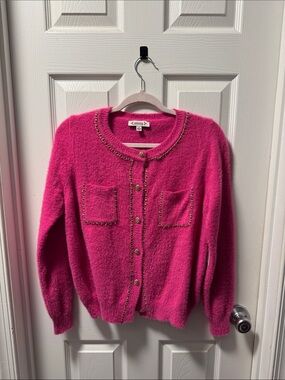 NWT Nanette Lepore Bright Pink Chain-Trim Mohair Cardigan